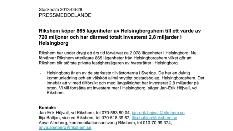 Rikshem köper 865 lägenheter av Helsingborgshem till ett värde av 720 miljoner och har därmed totalt investerat 2,8 miljarder i Helsingborg