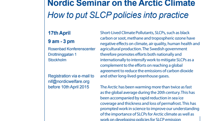 Personlig inbjudan: Nordic seminar on Arctic Climate How to put SLCP policies into practice