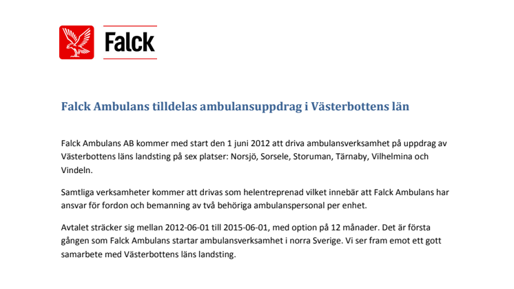 Falck Ambulans tilldelas ambulansuppdrag i Västerbottens län.