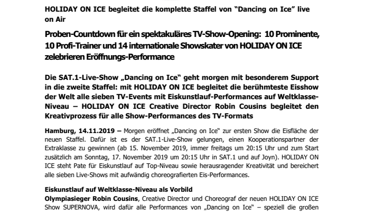 Proben-Countdown für ein spektakuläres TV-Show-Opening: 10 Prominente, 10 Profi-Trainer und 14 internationale Showskater von HOLIDAY ON ICE zelebrieren Eröffnungs-Performance
