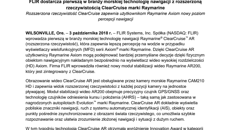 Raymarine: FLIR dostarcza pierwszą w branży morskiej technologię nawigacji z rozszerzoną rzeczywistością ClearCruise marki Raymarine