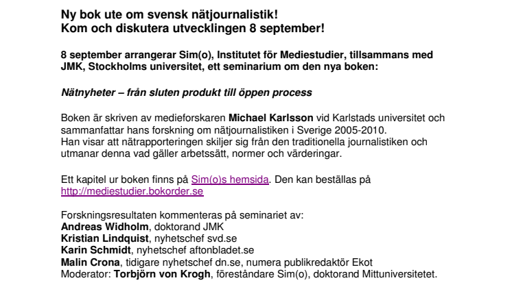 Ny bok ute om svensk nätjournalistik! Kom och diskutera utvecklingen 8 september!