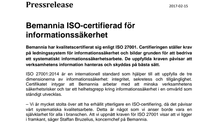 Bemannia ISO-certifierad för informationssäkerhet