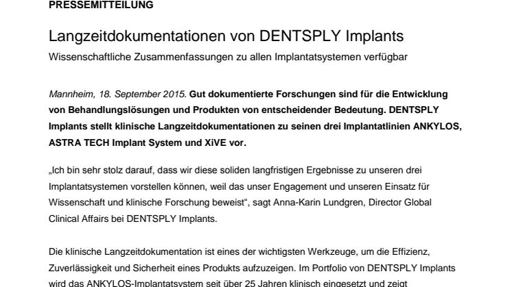 Langzeitdokumentationen von DENTSPLY Implants – Wissenschaftliche Zusammenfassungen zu allen Implantatsystemen verfügbar