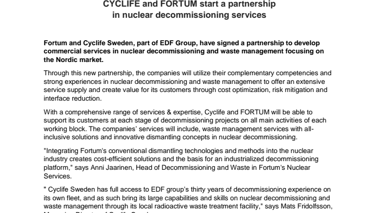 CYCLIFE and FORTUM start a partnership  in nuclear decommissioning services