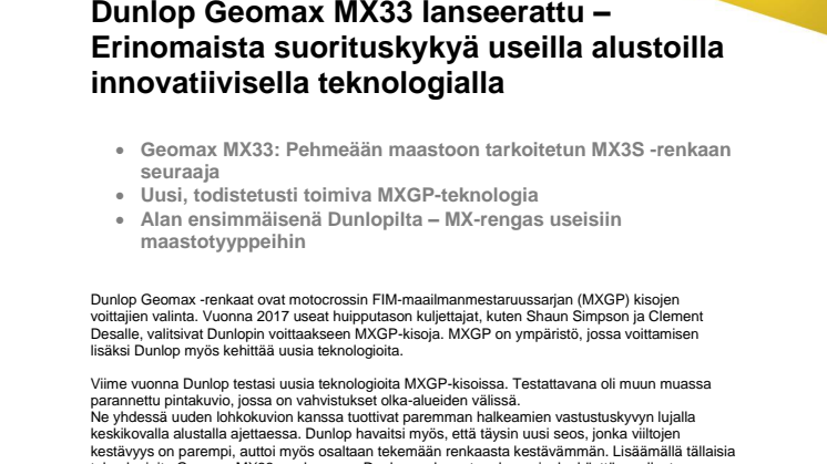 Dunlop Geomax MX33 lanseerattu – Erinomaista suorituskykyä useilla alustoilla innovatiivisella teknologialla