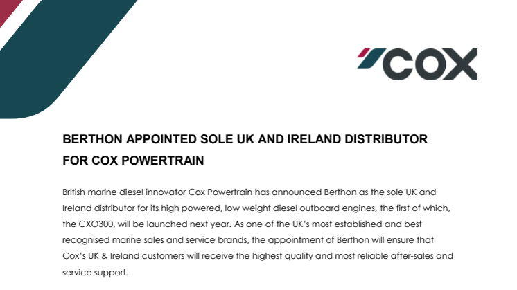 Cox Powertrain: Berthon Appointed Sole UK and Ireland Distributor for Cox Powertrain