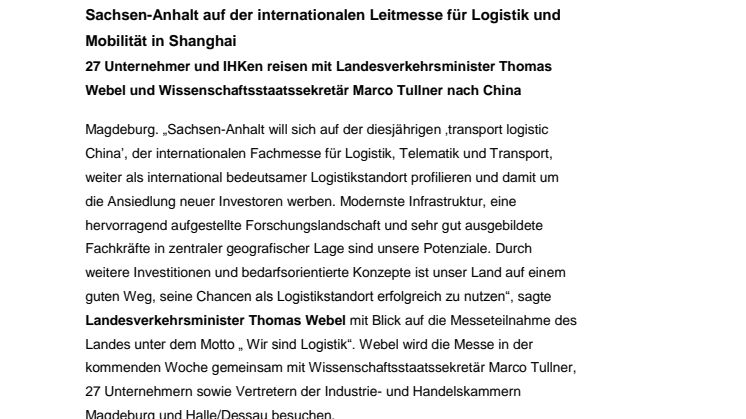 Sachsen-Anhalt auf der internationalen Leitmesse für Logistik und Mobilität in Shanghai