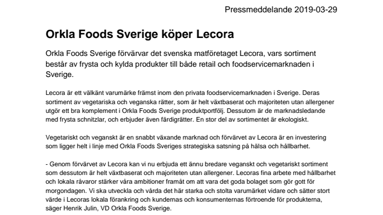 Orkla Foods Sverige köper Lecora