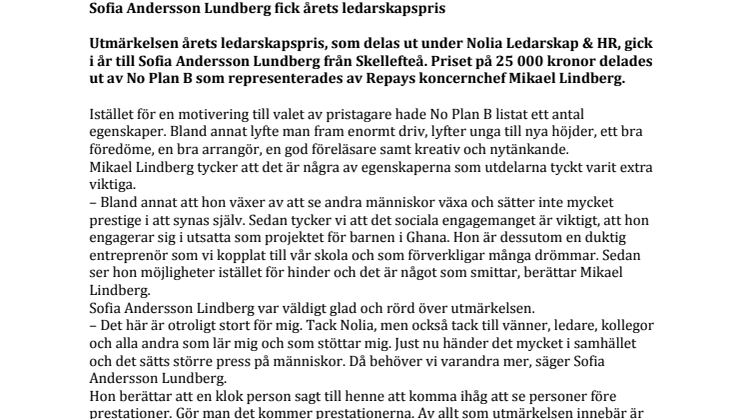 Sofia Andersson Lundberg fick årets ledarskapspris