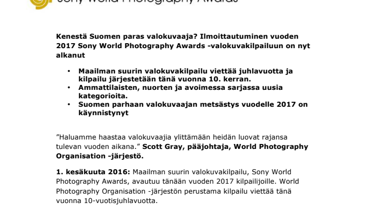 Kenestä Suomen paras valokuvaaja? Ilmoittautuminen vuoden 2017 Sony World Photography Awards -valokuvakilpailuun on nyt alkanut 