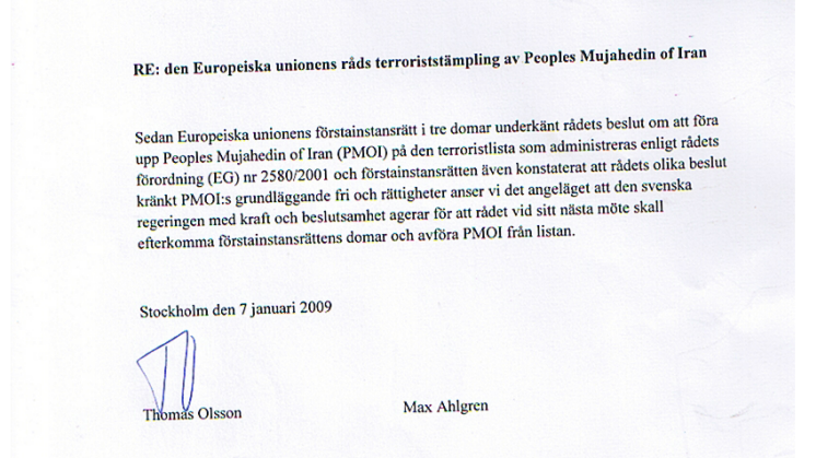 Advokat Thomas Olsson uppmanar regeringen att avföra PMOI från EU:s terrorlista