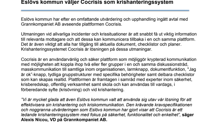 Eslövs kommun väljer CoCrisis som krishanteringssystem