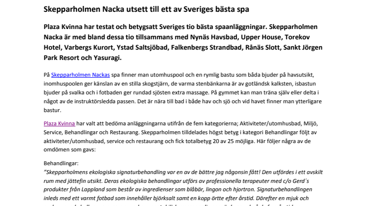 Skepparholmen Nacka utsett till ett av Sveriges bästa spa