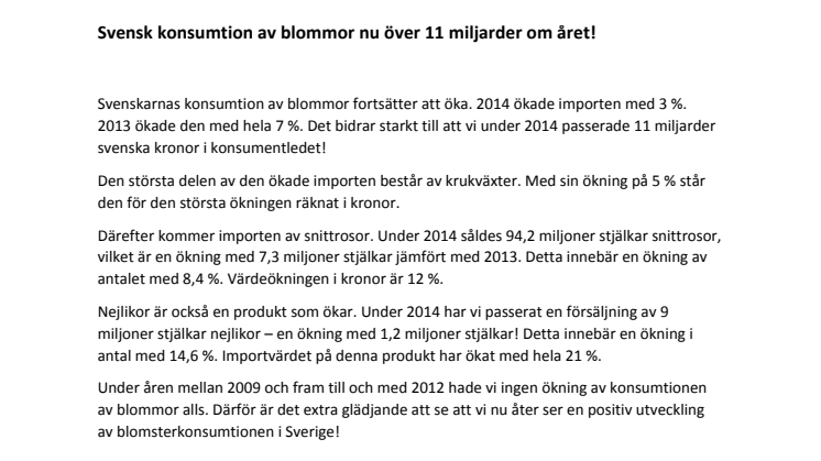 Svensk konsumtion av blommor nu över 11 miljarder om året!