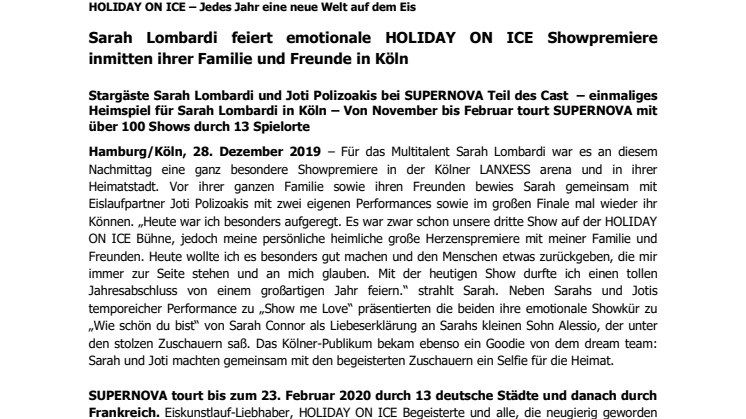 Sarah Lombardi feiert emotionale HOLIDAY ON ICE Showpremiere inmitten ihrer Familie und Freunde in Köln 