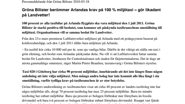 Gröna Bilister berömmer Arlandas krav på 100 % miljötaxi – gör likadant på Landvetter!