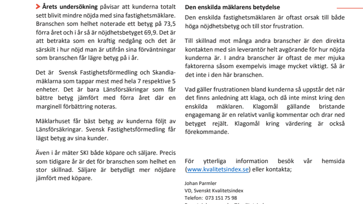 Svenskt Kvalitetsindex om Fastighetsmäklare 2015