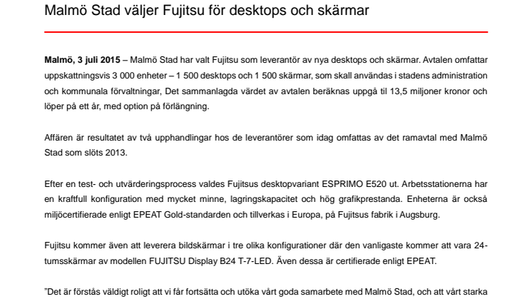 Malmö Stad väljer Fujitsu för desktops och skärmar