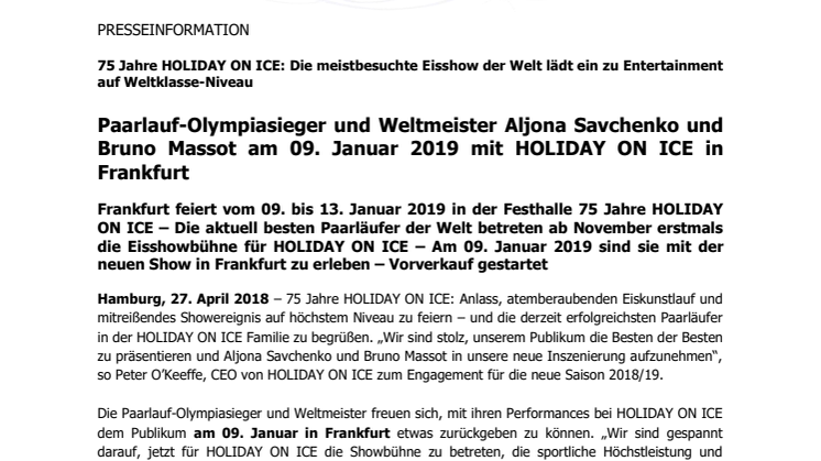 Paarlauf-Olympiasieger und Weltmeister Aljona Savchenko und Bruno Massot am 09. Januar 2019 mit HOLIDAY ON ICE in Frankfurt