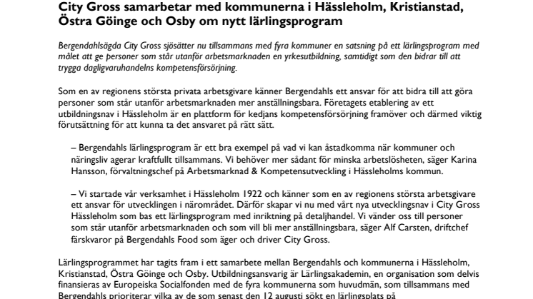 City Gross samarbetar med kommunerna i Hässleholm, Kristianstad, Östra Göinge och Osby om nytt lärlingsprogram