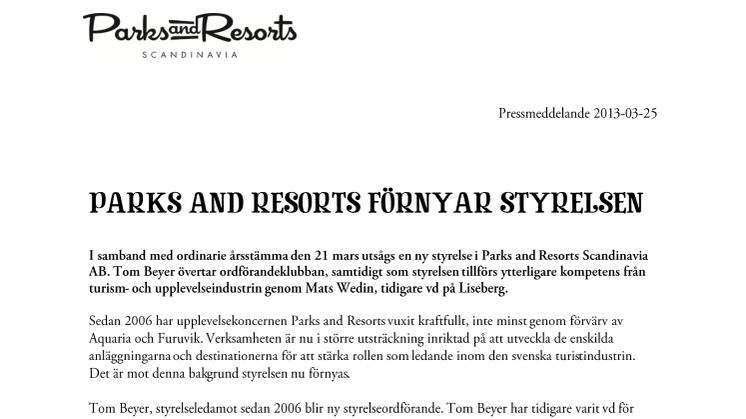 Parks and Resorts förnyar styrelsen