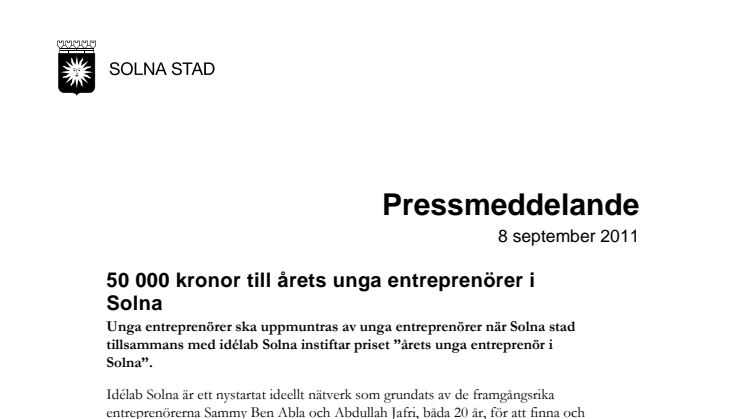 50 000 kronor till årets unga entreprenörer i Solna