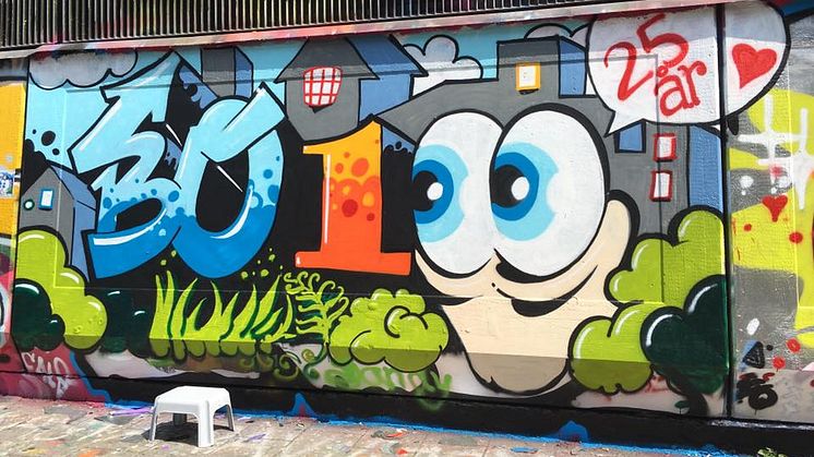 Graffittimåling Bo 100 25 år på P-huset Anna i Malmö