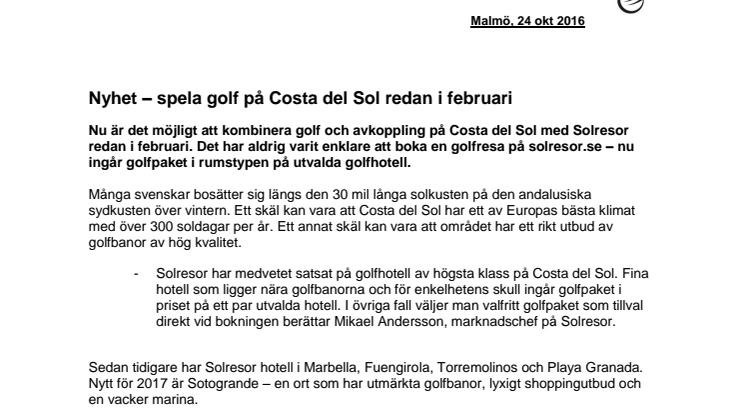 Nyhet – spela golf på Costa del Sol redan i februari
