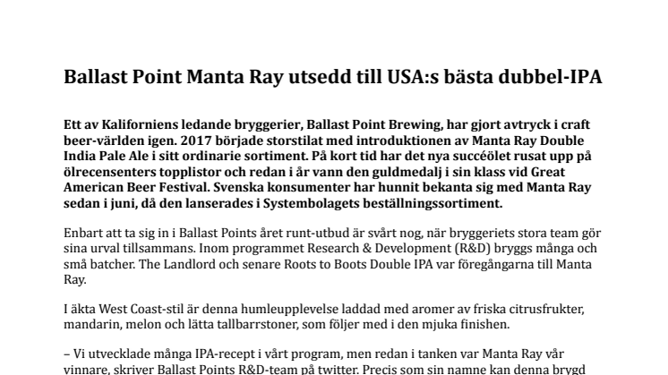 Ballast Point Manta Ray utsedd till USA:s bästa dubbel-IPA