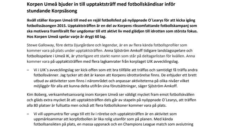 Korpen Umeå bjuder in till upptaktsträff med fotbollskändisar inför stundande Korpsäsong