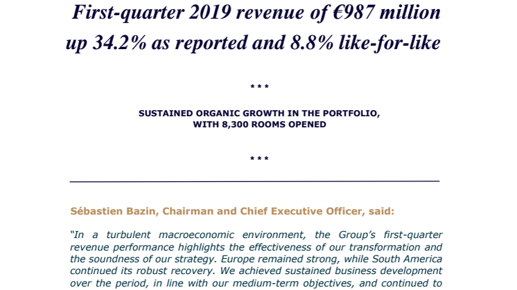 First-quarter 2019 revenue of €987 million up 34.2% as reported and 8.8% as like-for-like