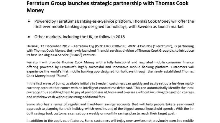 Ferratum Group launches strategic partnership with Thomas Cook Money