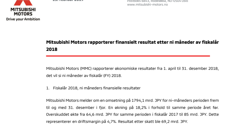 Mitsubishi Motors rapporterer finansielt resultat etter ni måneder av fiskalår 2018