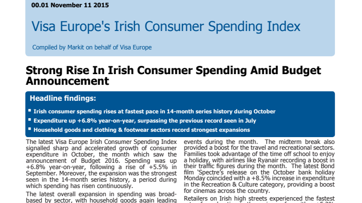 Visa Europe's Irish Consumer Spending Index - 11 November 2015