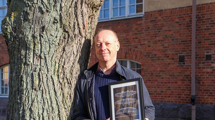 Professor Ingemar Jönsson med den tavla med foton på Mesobiotus joenssoni han fick av sina italienska forskarkollegor som namngett den nya arten efter honom.