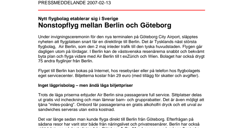 Nonstopflyg mellan Berlin och Göteborg