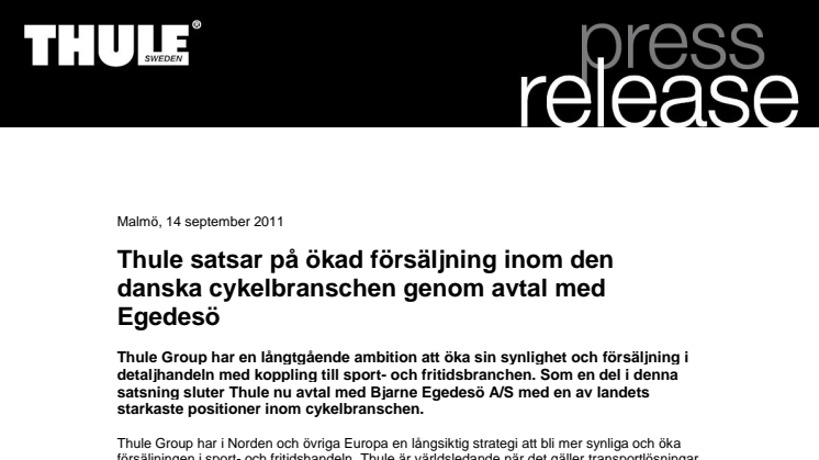 Thule satsar på ökad försäljning inom den danska cykelbranschen genom avtal med Egedesö 
