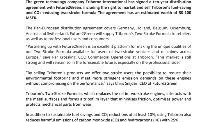 Triboron tecknad distributionsavtal med Future2Green BV