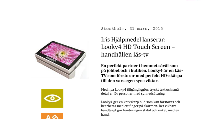 Iris Hjälpmedel lanserar: Looky4 HD Touch Screen - handhållen Läs-TV
