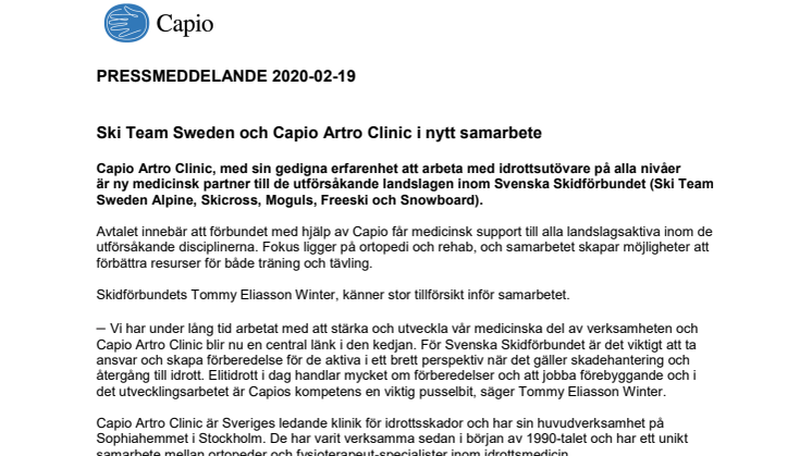 ​Ski Team Sweden och Capio Artro Clinic i nytt samarbete