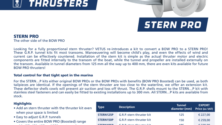 VETUS GRP tunnel kit to convert a BOW PRO to a STERN PRO thruster - Information Sheet