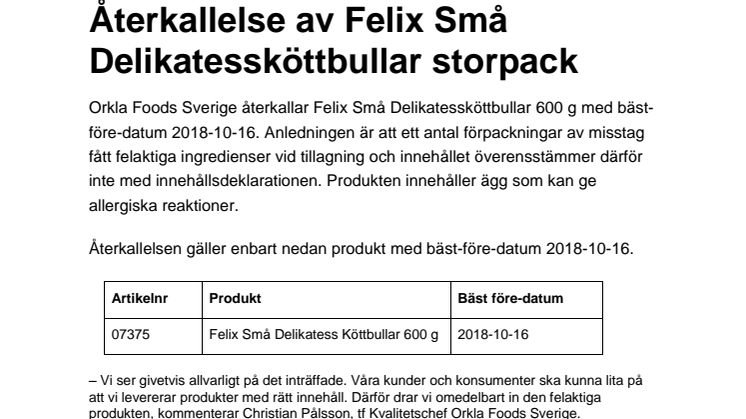 Återkallelse av Felix Små Delikatessköttbullar storpack