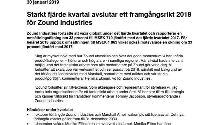 Starkt fjärde kvartal avslutar ett framgångsrikt 2018 för Zound Industries