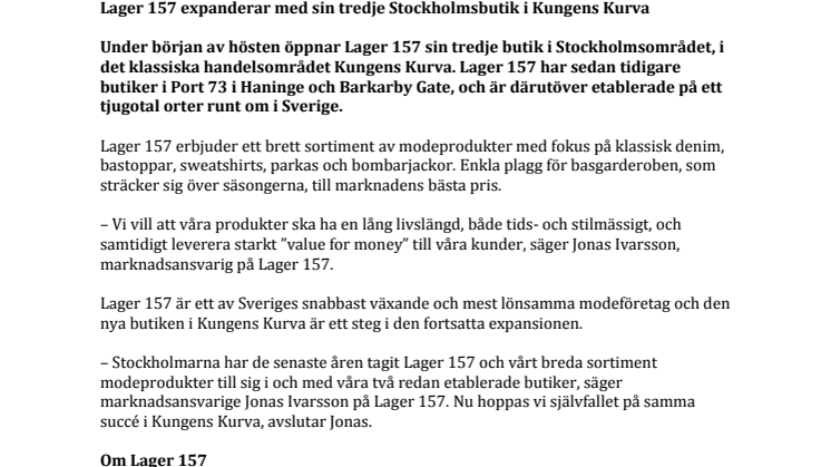 Lager 157 expanderar med sin tredje Stockholmsbutik i Kungens Kurva