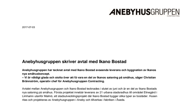 Anebyhusgruppen skriver avtal med Ikano Bostad