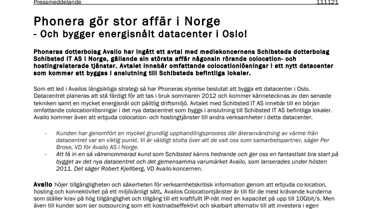 Availo gör stor affär i Norge  - Och bygger energisnålt datacenter i Oslo!  