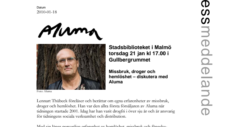 Stadsbiblioteket i Malmö: Missbruk, droger och hemlöshet – diskutera med Aluma