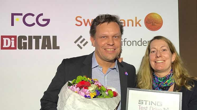 Joakim Jonsson och Sonia Lundberg, grundare av ShareLending, vann "Bästa Pitch" i STING Test Drive Fintech igår.