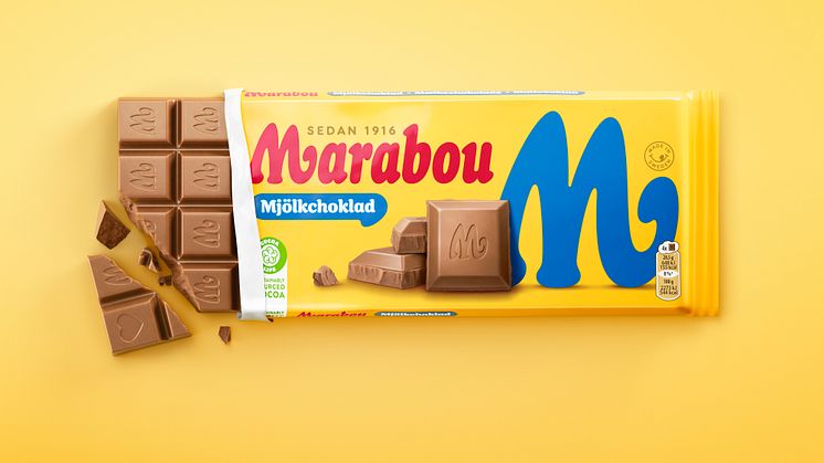Marabous chokladkakor får ett nytt, modernare utseende, men givetvis med samma storlek, unika smak och den välkända gula färgen med röd logotyp.